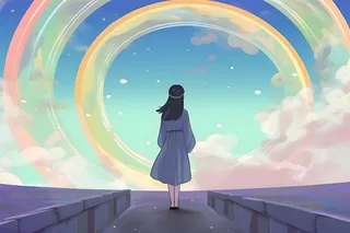 天空彩虹白云毕业的女孩插画背景