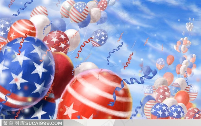 美国国旗 星条旗帜 天空 彩球 气球