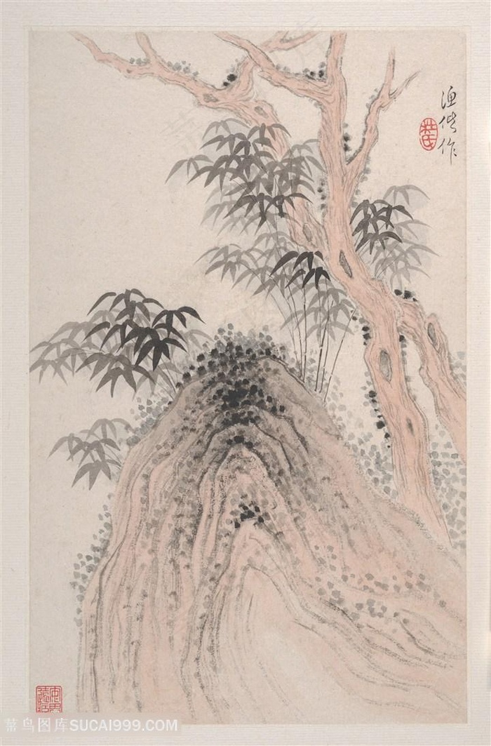 清代杜湘山水册页山石墨竹图国画图片