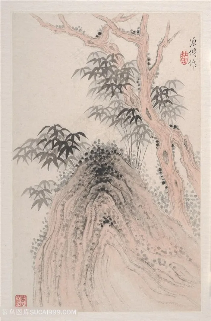 清代杜湘山水册页山石墨竹图国画图片