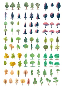 插画风AI矢量植物建筑景观效果图小清新PSD配景树PS后期免抠素材