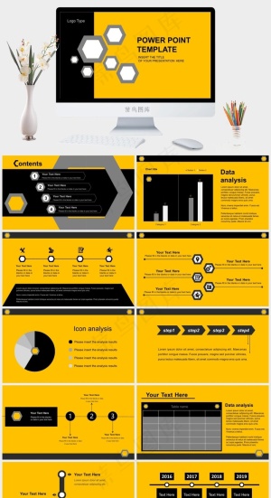 黄黑扁平几何风简约大气欧美范总结汇报通用ppt模板