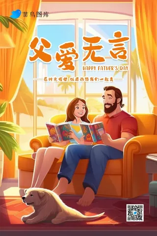 父亲女儿温馨陪伴看书橘色阳光海报