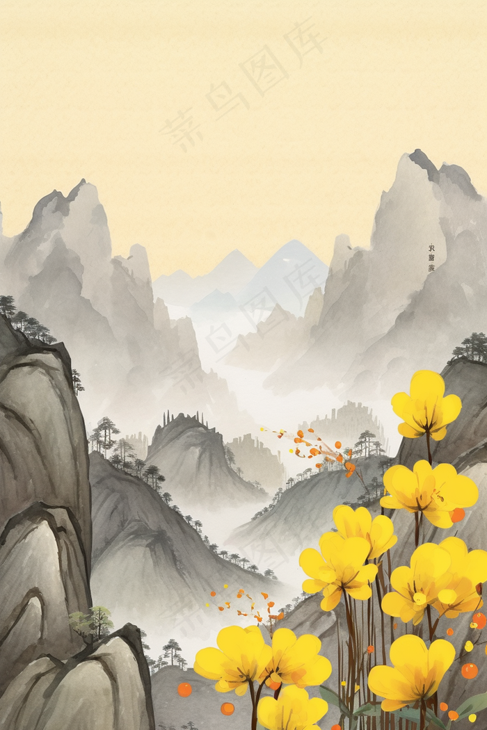 秋日山水黄花中国风重阳插画背景(x)