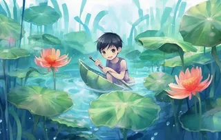 睡莲荷叶池塘里的孩子背景