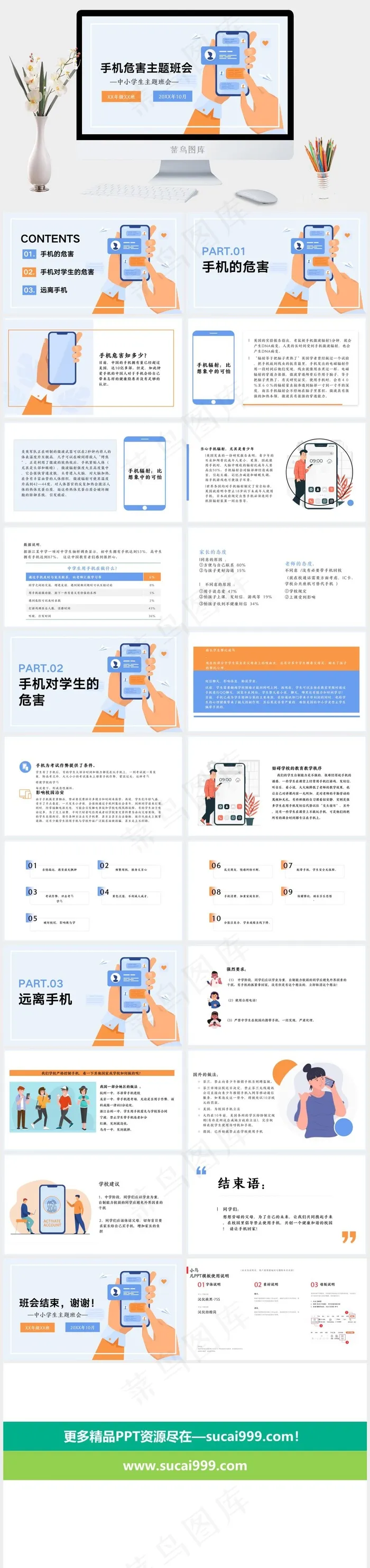 白色简约科普手机的危害主题班会PPTppt模版