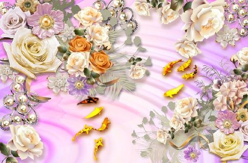 雕塑钻石鱼群花卉背景墙