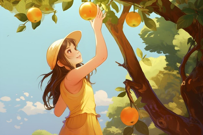 丰收可爱女孩水果金黄色插画背景