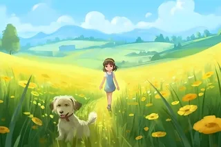 春天蓝天白云草原黄花小女孩小狗动物漫步奔跑