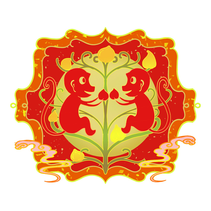 中国风国潮十二生肖猴手绘烫金插画春节剪纸元素PSD设计素材