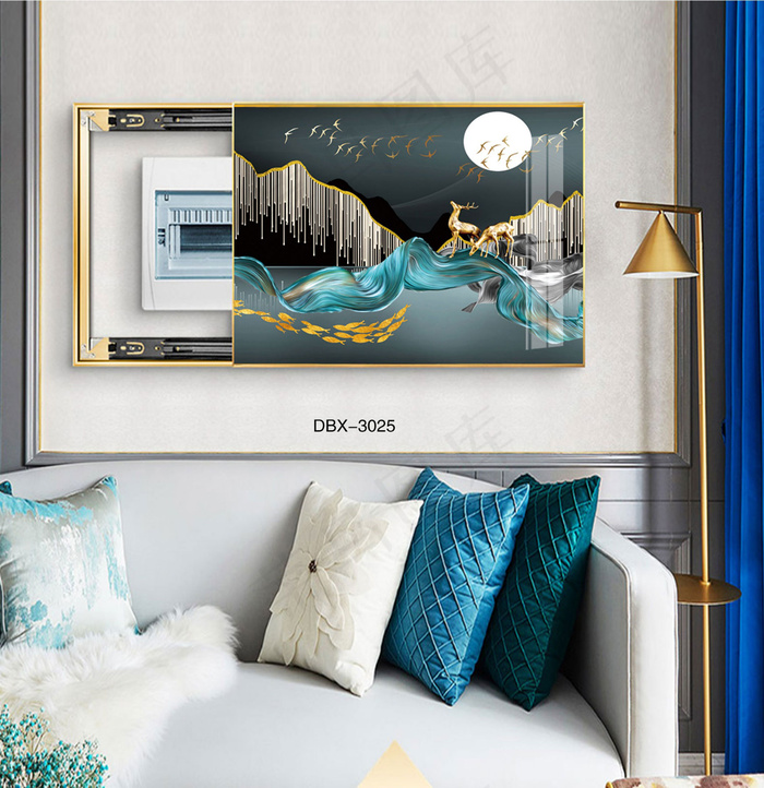 大气时尚家居室内装饰场景客厅沙发电表箱壁画背景图装饰画轻奢金鹿月夜