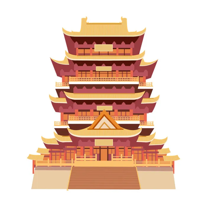 复古中国风国潮古建筑插画手绘高楼古塔PSD素材亭子png免抠图psd模版下载