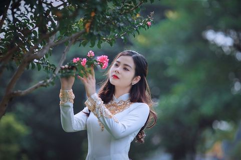 欣赏花朵的白衣少女