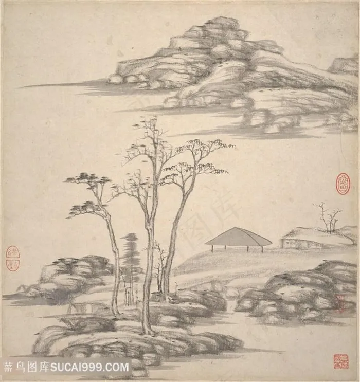 明代王鉴湘碧居士仿古册页山间小景图国画图片