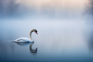 清晨晨雾湖面中的天鹅摄影图