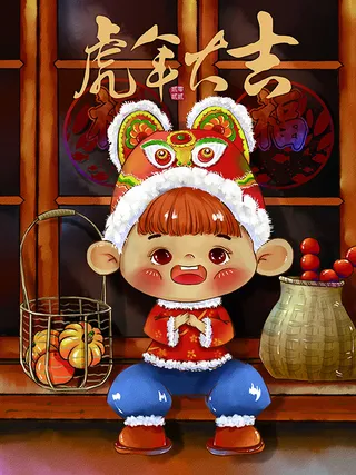 虎年新年海报展板psd模板新年快乐虎年大吉插画小女孩