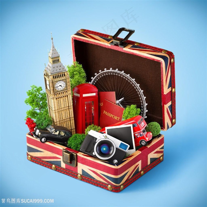 放在手提箱里的创意英国标志性特色高清图片