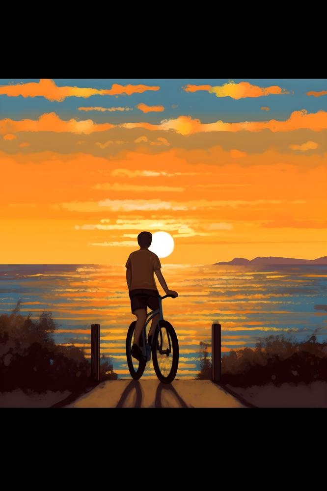 夕阳下骑自行车海边背景