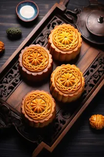 中秋木质托盘餐具上摆放着的月饼和茶壶杯子摄影图