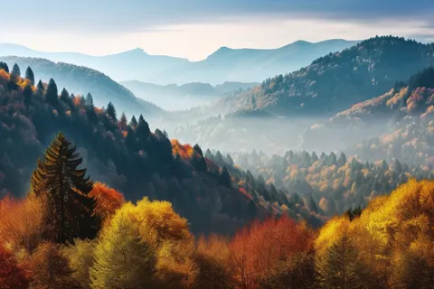 秋天森林山脉高山云层雾气摄影图