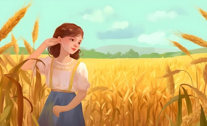 小麦麦穗穿裙子的女孩黄色插画背景(5632x3456)