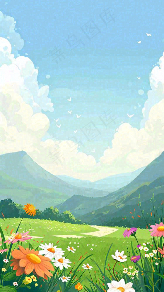 春天郊外露营旅行山脉蓝天白云草坪草地花丛，清新自然，惊蛰春分