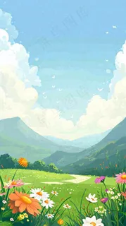 春天郊外露营旅行山脉蓝天白云草坪草地花丛，清新自然，惊蛰春分