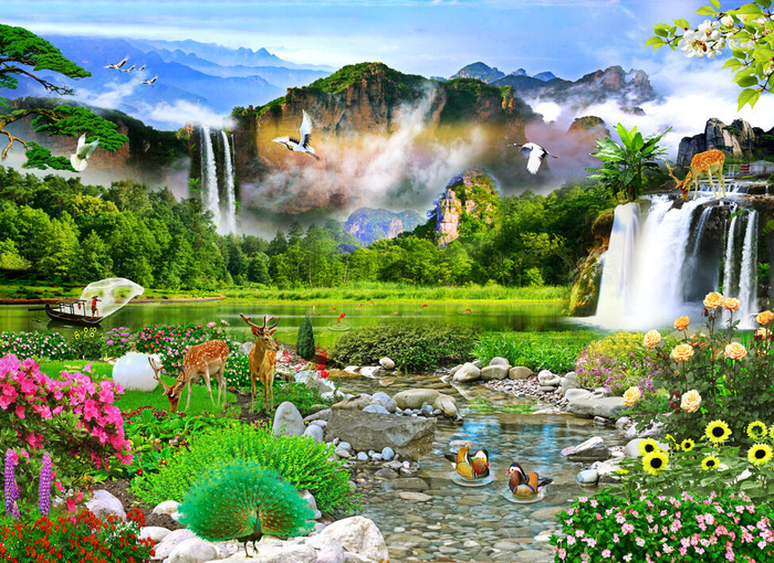 清新高山流水孔雀小鹿风景