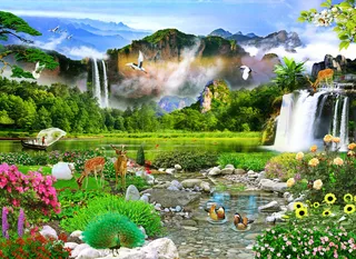 清新高山流水孔雀小鹿风景