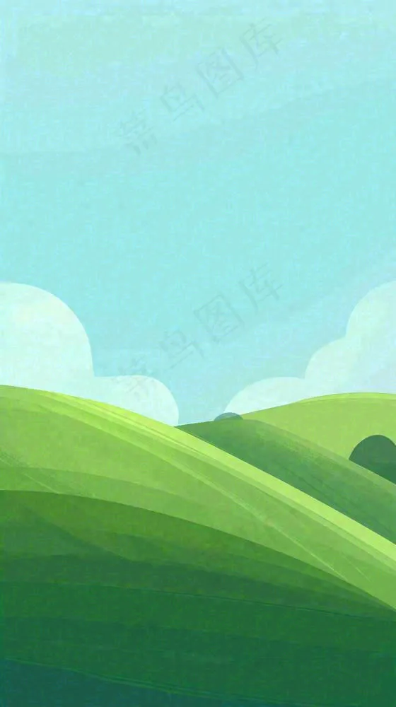 蓝天白云草地卡通扁平手绘插画春天绿色立春，春分(816x1456)