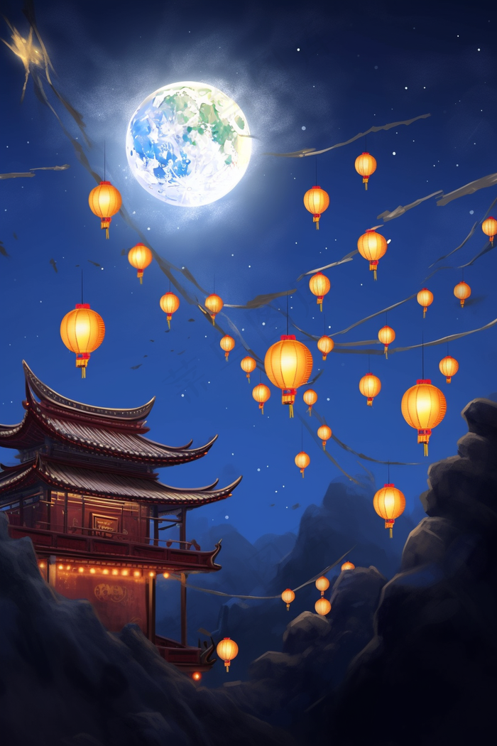 中秋夜晚满月古建筑阁楼灯笼插画蓝色背景(2688x4032)