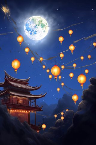 中秋夜晚满月古建筑阁楼灯笼插画蓝色背景