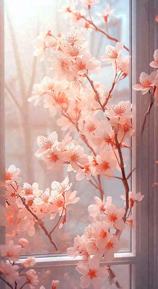 初春窗户边的粉色樱花花朵，温馨阳光，立春惊蛰春分(816x1488)