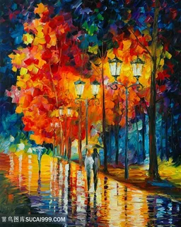 唯美街道行人彩色树油画装饰画 唯美街道行人彩色树油画装饰画