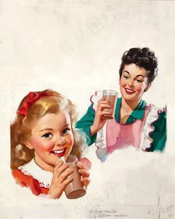 美国美人喝饮料的母女装饰画 美国美人喝饮料的母女装饰画