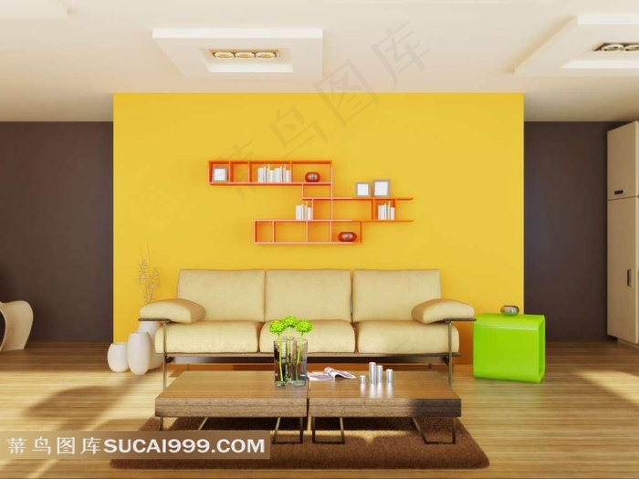 黄色背景墙家居图