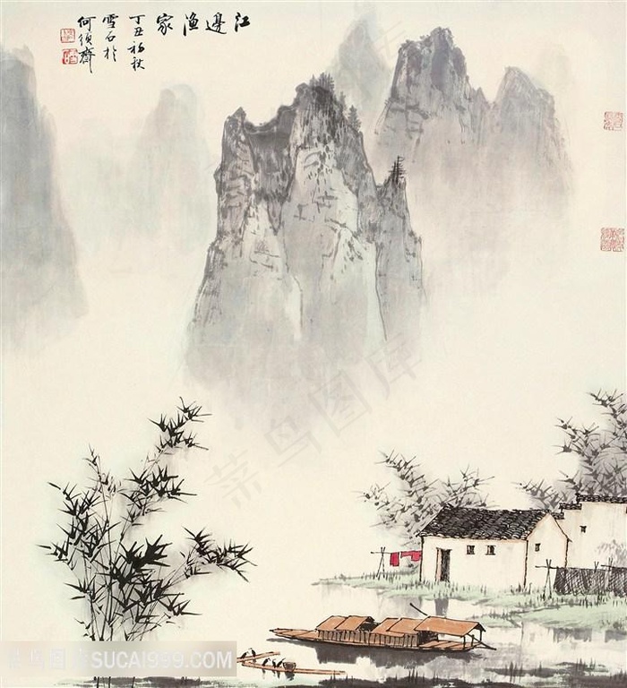 白雪石水墨山脉乡村房子装饰画