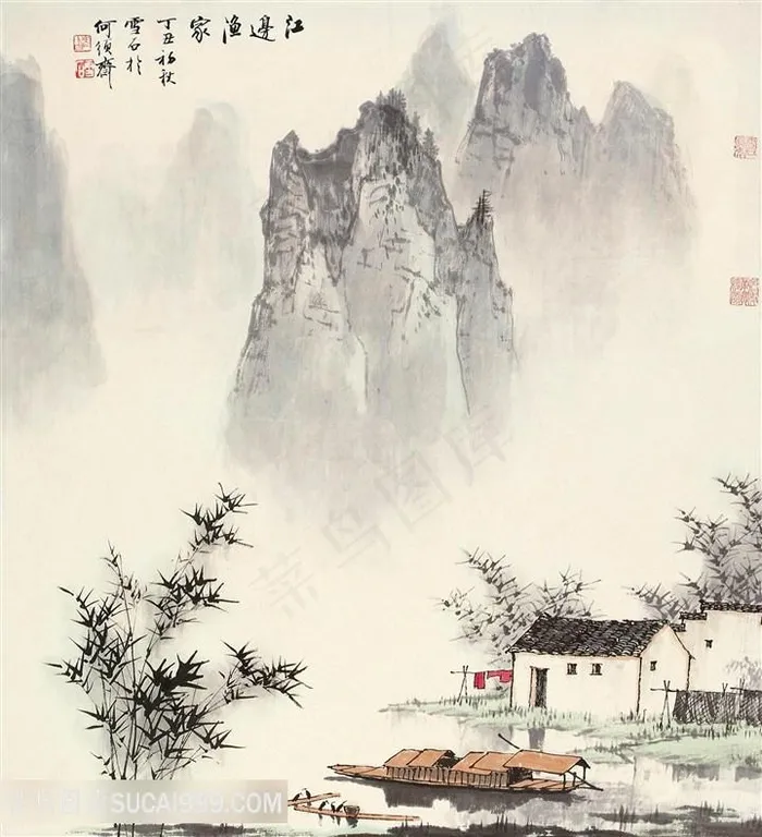 白雪石水墨山脉乡村房子装饰画