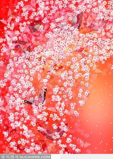 大红色烂漫蝴蝶桃花花纹纹样底纹