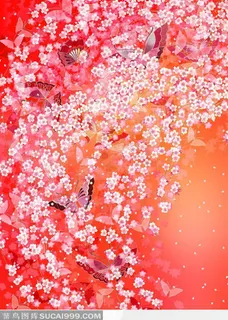 大红色烂漫蝴蝶桃花花纹纹样底纹 大红色烂漫蝴蝶桃花花纹纹样底纹