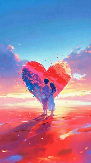 情人节浪漫情人爱心落日蓝天唯美，情侣亲吻爱情，卡通手绘插画