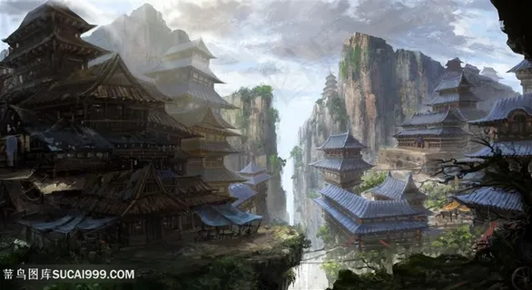 悬崖间的中国风CG建筑物原画图片 悬崖间的中国风CG建筑物原画图片