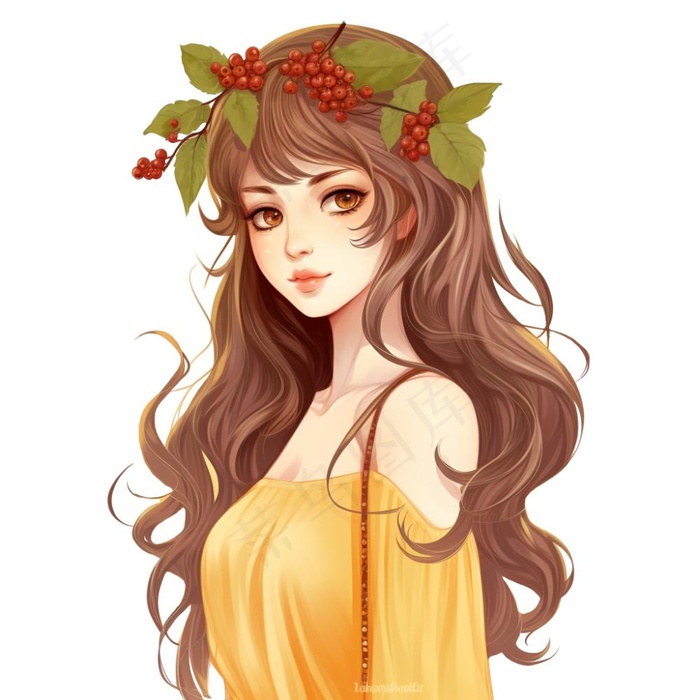 戴花环的黄裙少女插画免抠(1024x1024)