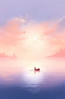 粉紫色天空和湖泊上划船的人梦幻卡通插画素材背景