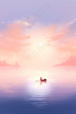 粉紫色天空和湖泊上划船的人梦幻卡通插画素材背景