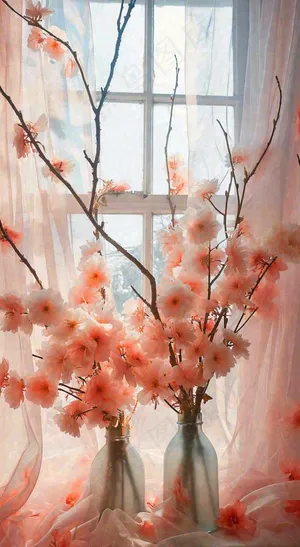 春天窗台花瓶粉色鲜花花束，春分