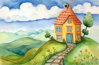 森林里的小房子门前花丛草地石子路卡通插画素材背景