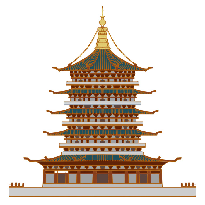 复古中国风国潮古建筑插画手绘高楼古塔PSD素材亭子png免抠图