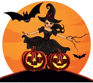 万圣节女巫蝙蝠南瓜卡通插画免抠