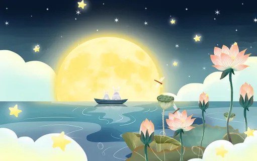 卡通玉兔赏月中秋节插画海报背景 卡通玉兔赏月中秋节插画海报背景